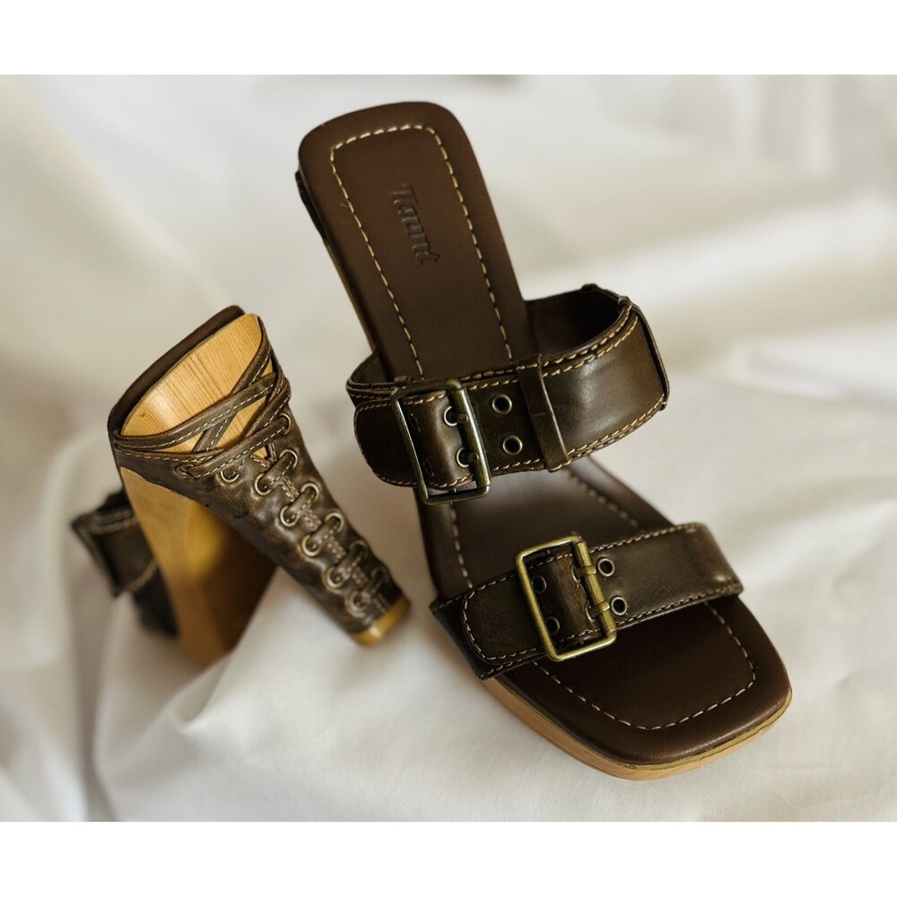 VINTAGE Women's TAUNT Leather High Heel Slides Strappy Sandal Sz 6 EC +🎁